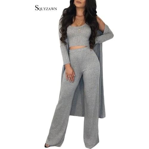 Women Sexy Solid Knit Stripe 3 Piece Set Fall Crop Top + Long Cardigan Coat + Palazzo Wide Leg Pants Matching Outfit Plus Size