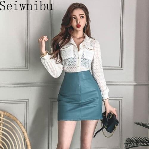 New Arrival Fashion set for women Lace perspective Turn-down shirt and slim PU leath pencil skirt office simple two piece set