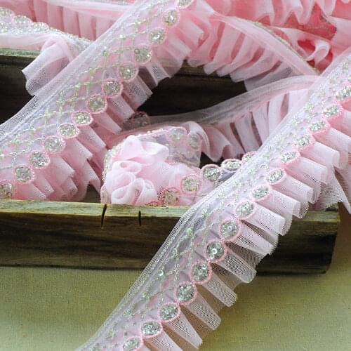 1M Navy Blue Light Pink Sequins Mesh Lace Fabric Trim Ribbon Embroidered Sewing Craft Wedding Dress Handmade 6CM Good Quality