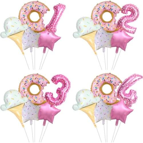 5pc Candy Ice Cream Pink With Dots 32inch Numeral Foil Balloon Donuts World Theme Birthday Party Decoration Globos Kids Toy