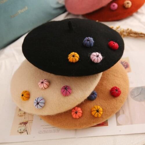 Beret hat women bonnets Cute Vintage college wind sailor black woolen little pumpkin Beanie Retro sweet painter hat wholesale