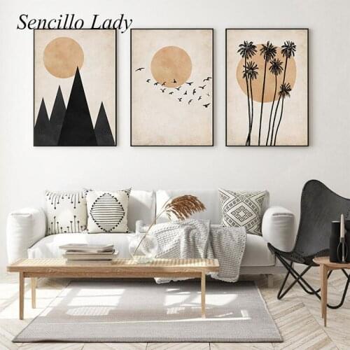 Mountain Moon Birds Abstract Landscape Painting Beige Bohemia Poster Canvas Art Print Nordic Wall Picture Modern Home Decoration