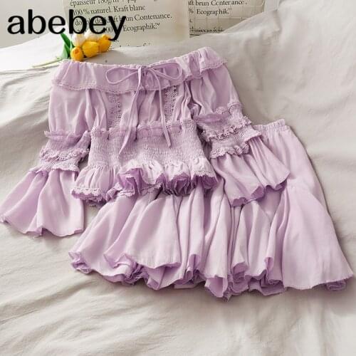 Korean Fashion Set Women Suit Bow Lace Up Slash Neck Slim Skirt Violet Elastic Waist Mini Women 2 Sets Clothing With Skirt White
