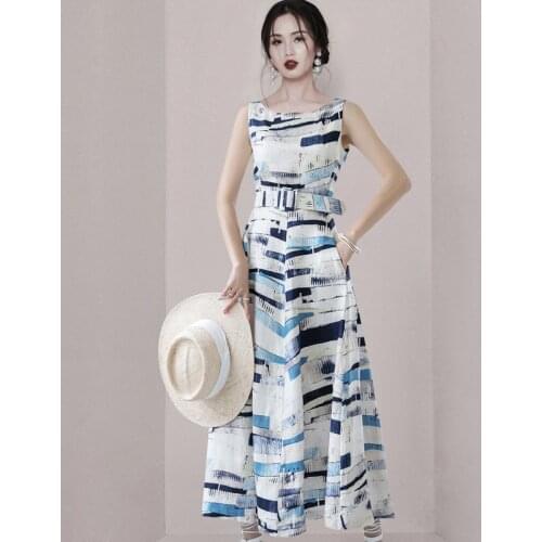 Summer Holiday Blue Print Mixi Dress Women Clothing Sleeveless Elegant A-line Long Dress With Belt Female Vestidos Fashion Robe