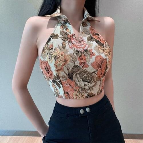 Summer Womens Sexy Floral Printed Halter Crop Tops Sleeveless Trun-down Collar Slim Party Club Tank Tops Camiseta Tirantes#g3