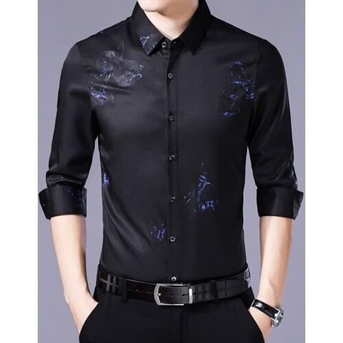 Silk Spring Korean Real Black Long Sleeve Shirt Men Clothes 2020 Mens Shirts Casual Slim Fit Camisa Hombre KJ2265