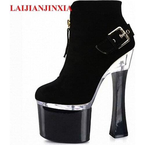 New glass heel high heels, front zipper decorative suede, 18cm high heel thick heel, low Dance Shoes