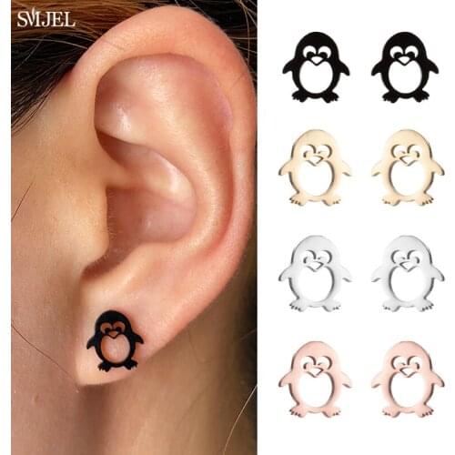 Fashion Lovely Penguin Stud Earrings for Women Black Stainless Steel Earrings Men Punk Korean Animal Ear Piercing Jewelry Mini
