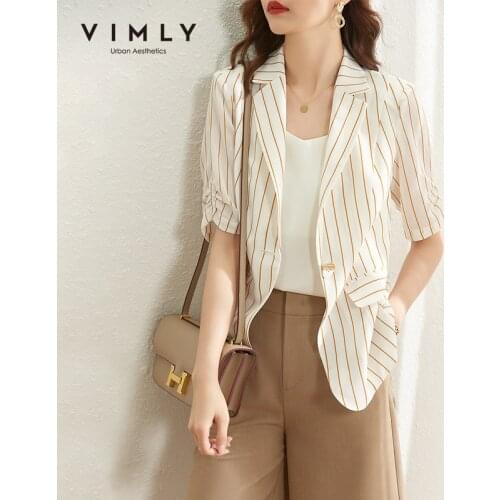 VIMLY Summer Womens Blazer Jackets Business Casual Notched Striped Blazers Coat Elegant Office Lady Short Sleeve Blazer F7708