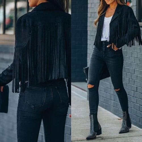 Faux Suede Jacket Womens Motorcycle Lapel Handsome Jacket Fall 2021 Ladies Solid Fringed Short Coat Women Jackets