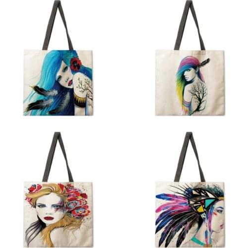 Womens Beach Bag Foldable Shoulder Bag Shopping Bag Color Ink Woman Head Print Tote Bag Linen Casual Tote Bag Reusable