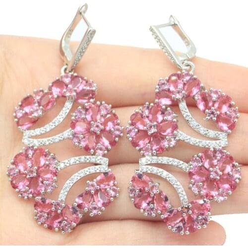 36x15mm SheCrown Created 18x13mm 11g Pink Tourmaline CZ Gift For Womans Silver Earrings