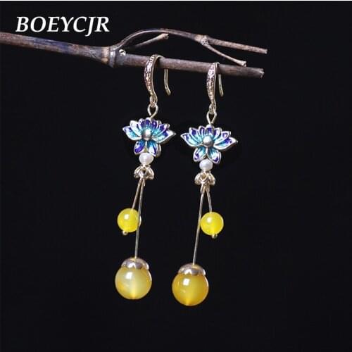 BOEYCJR Ethnic Vintage Enamel Flower Yellow Stone Bead Dangle Earrings Fashion Jewelry Drop Hook Earrings For Women Gift