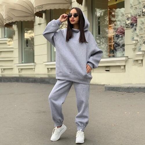 Two Pieces Women Sports Outfits Autumn Winter Solid Color Tracksuits Long Sleeve Hooded Sweatshirts+Lacing Sweatpants