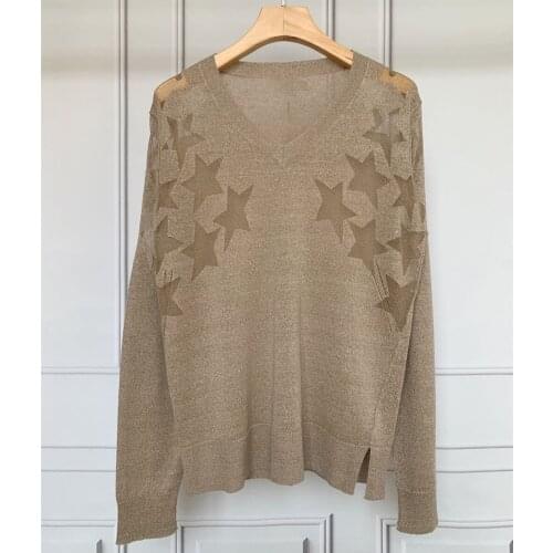 Women V-Neck Thin Knitted Sweater Lady Long Sleeve Long Sleeve Stars 100% Linen Pullover Tops Female Knitwear 2021 New