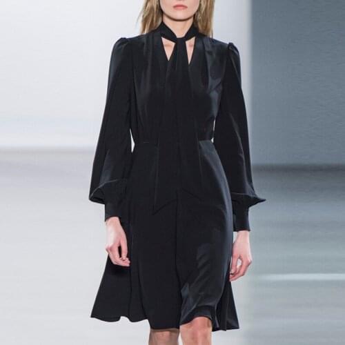 QUALITY 2021 HIGH Newest Runway Spring Dress Womens Long Sleeve Black Bow Collar Minimalist Shirt Dress