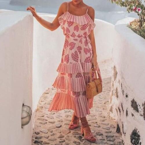 Womens Sling Dress Retro Printing Sexy Casual High Waist Ruffle 2021 Summer New Bohemia Vacation Dress