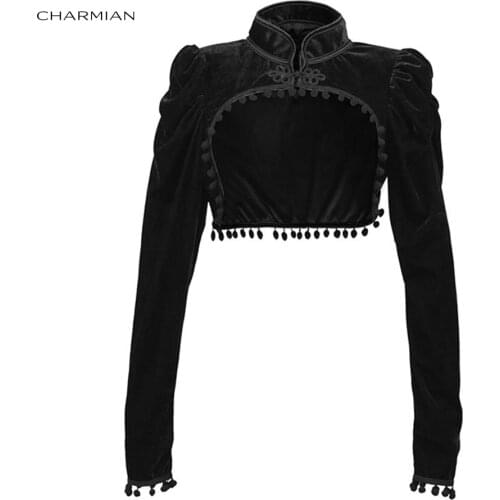 Charmian Womens Medieval Gothic Black Velvet Stand Collar Long Sleeve Midriff Shrug Bolero with Pom-poms