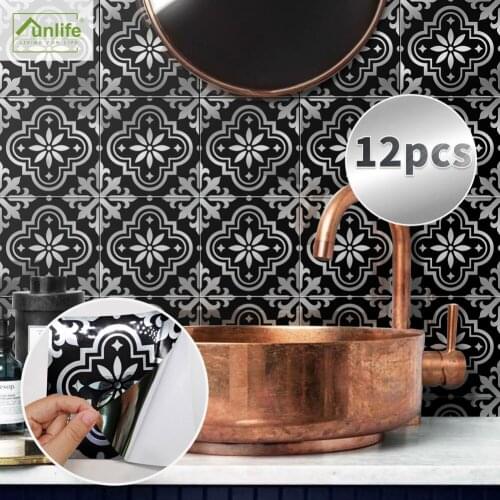 12Pcs Metallic Style Wall Sticker Kitchen Bathroom Tables Floor Hard-wearing Wall Decals Beautiful Pattern Tiles Sticker Decor