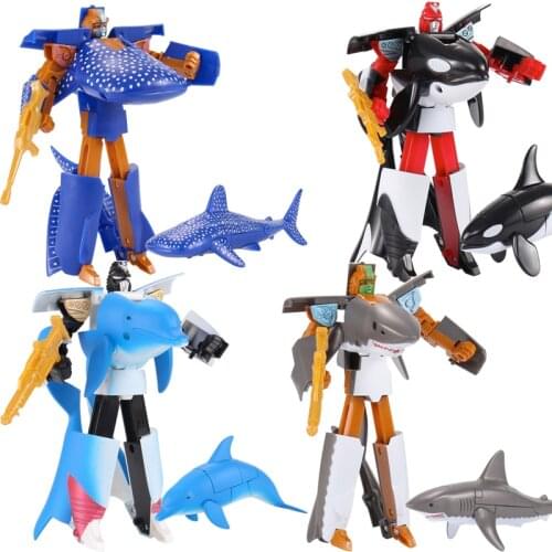 16cm Sea Life Dolphin Transformation Robot Cartoon animals Shark Whale Action Figure Educational Collection Toys for children