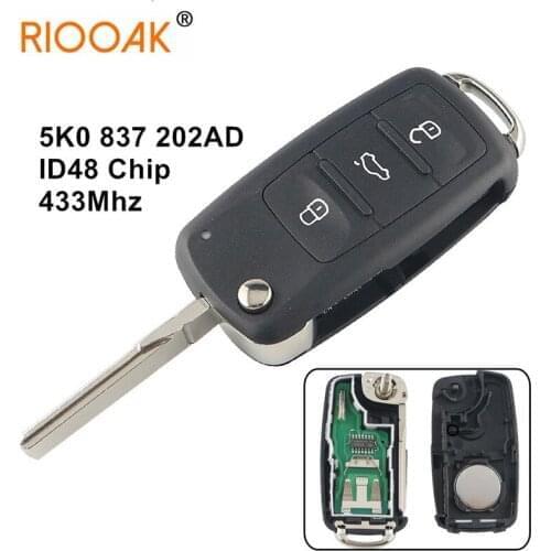 5pcs 433MHz ID48 Chip Remote Key 5K0837202AD for VW/VOLKSWAGEN Beetle/Caddy/Eos/Golf/Jetta/Polo/Scirocco/Tiguan/Touran/UP
