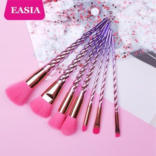 Gradient Gold-Purple 7Pcs Unicorn Makeup Brushes Set Horn Shape Powder Blush Contour Eye Make up Brush with Bag