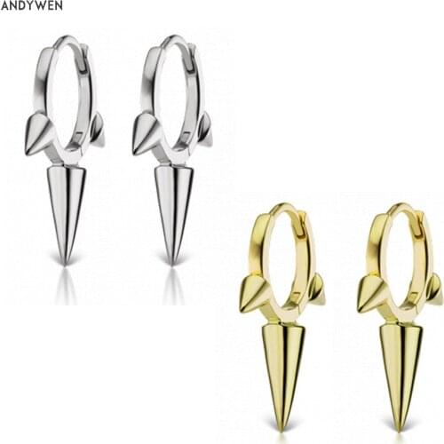 ANDYWEN 925 Sterling Silver 8MM Triple Long Spike Clicker Plain Hoops Huggies Earring Loops Circle New Design Female Jewelry