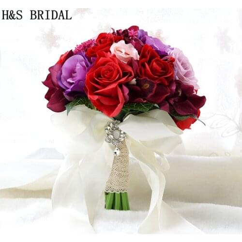 H&S BRIDAL Bouquet De Mariage Red Artificial Bridal Bouquet Vintage Wedding Bouquets For Brides Bridesmaid Flower Brooch Bouquet
