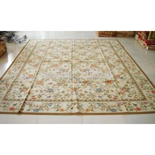 French Regional Rug With Large Needle Point Square Roses Handmade Wool Needlepoint Handmade Natural Sheep Wool