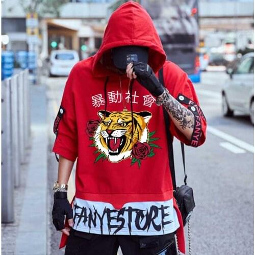 Ribbon T Shirts tiger and rose Hooded Short Sleeve tshirt Oversize top tee Streetwear homme tee wholesale hip hop Casual clothes