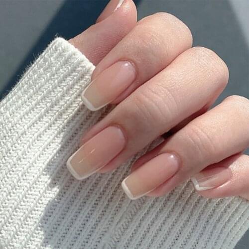 Glossy Nude Yellow White Border French Ballerina Coffin False Nail Gradient Natural Press on Ballet Fake Nail Tips Reusable Wear