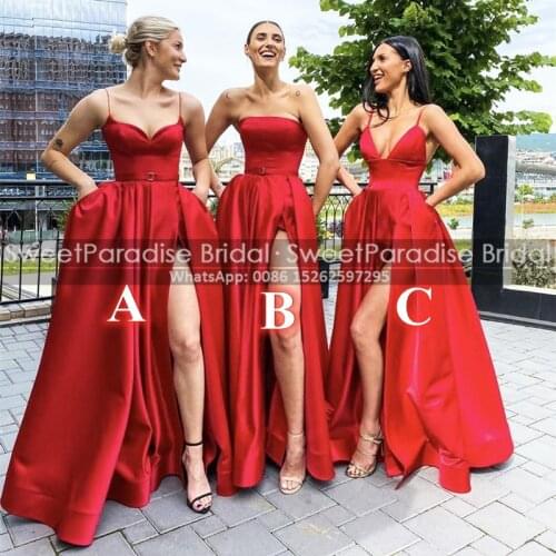 Red Satin Bridesmaid Dresses A Line 2021 Sexy Side Split Women Long Robe De Soiree De Mariage Formal Wedding Party Dress Gown