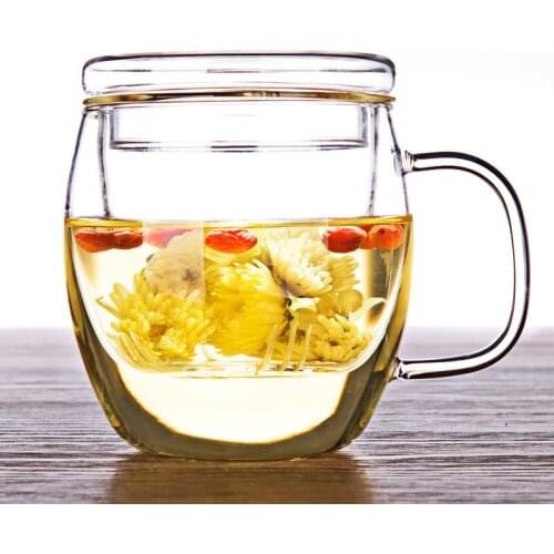 Creative Glass Tea Infuser Cup With Transparent Filter Handle Lid Heat-Resistant Flower Teacup Office Tea Mug Drinkware