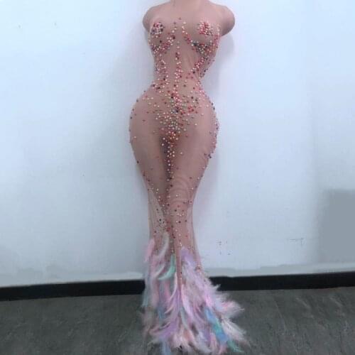 Multi-color Pearl Feather Tail Transparent Long Dress Women Birthday Celebrate Prom Party Dress Singer Bar Club Stage Show Wear