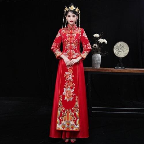 Embroidery Flowers Ribbon Luxury Chinese Wedding Dress Bride Banquet Costume Classic Cheongsam China Qipao костюм для восточных