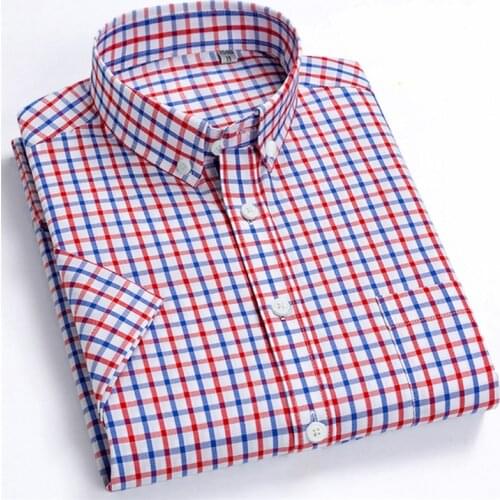 Short Sleeve Mens Cotton Shirt For Summer Plaid Business Casual Checkered Oxford Shirt Mens Regular Fit Striped Front Pocket
