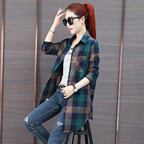 Long Plaid Women Shirts Autumn Vintage Loose Turn-Down Collar Long-Sleeved Casual All Match Female Outwear Tops Oversized 4XL