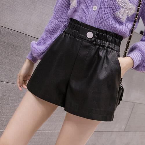 Shorts Women Autumn And Winter High Waist Three-Dimensional Baggy Pants Elastic Waist Comfortable PU Leather Shorts Ropa Mujer