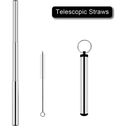 Reusable Stainless Steel Straws, Three-Section Adjustable Telescopic Straight Straw Set with Cleaning Brush for Water, Coffee