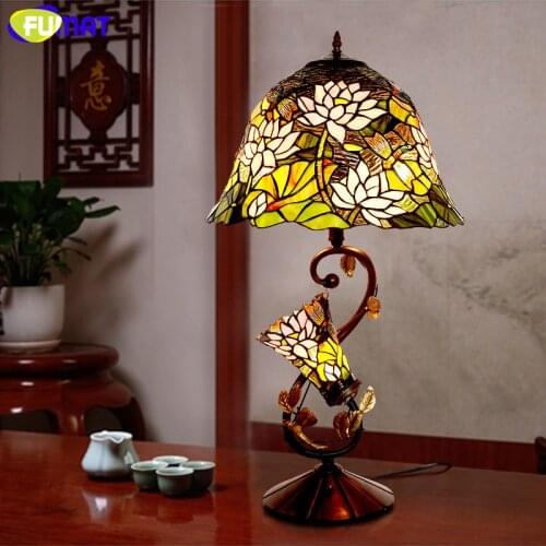 FUMAT Glass Art Lamp Quality Stained Glass Lotus Shade Table Lamp European Living Room Bedside Stand Lamp Bar Light Fixtures