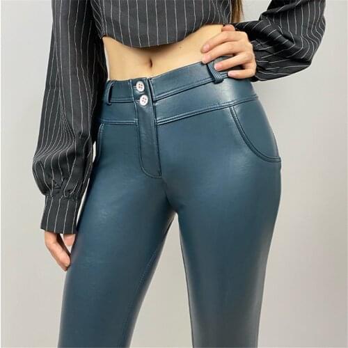 Melody Navy Blue Leather Pants Four Ways Stretchable Fleece Lined Thermal Leggings Ladies Leather Scrunch Butt Pant for winter