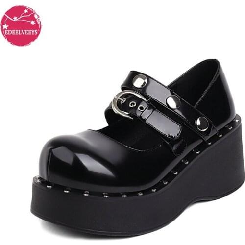 Ladies Punk Gothic Pumps Platform Thick High Heels Pumps Women Trendy Fashion Street Shoes Students Girls JK Uniform Black Loli