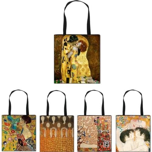Oil Painting Kiss/Adele Bloch Bauer Klimt Handbag Women Fashion Ladise Canvas Shopping Bags Big Capacity Large Totes
