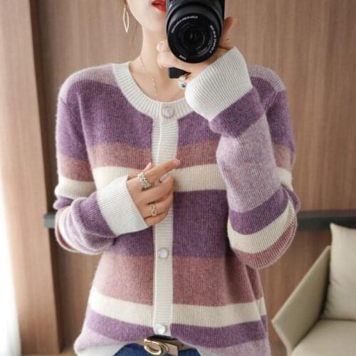 100% Pure Wool Cashmere Sweater Woman O-Neck Casual Color Matching Pearl Cardigan 2021 Autumn and Winter Korean Fashion Jacket