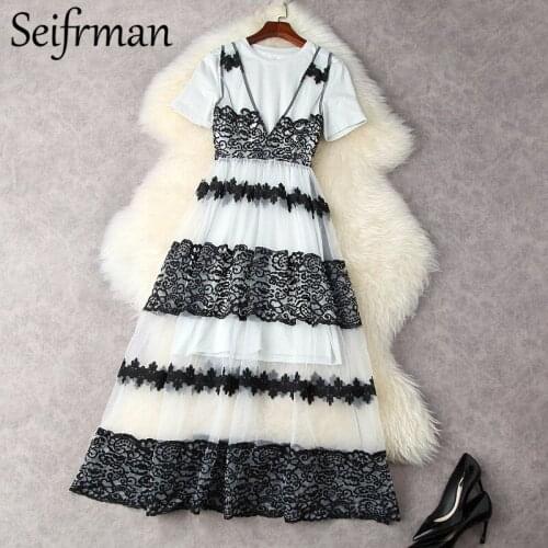 Seifrmann Summer Women Fashion Runway 2 Pieces Set Short Sleeve Loose Tees+Sexy V-Neck Embroidery Mesh Dresses Two Pieces Suits