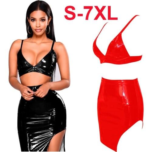 Women Wet Look PVC Leather Dress Sets Sexy Spaghetti Strap Crop Tops and Bandage Mini Skirt 2 Piece Outfits Party Club Costume