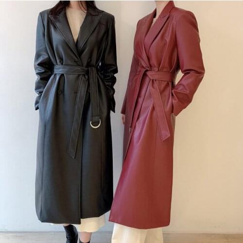 Stylish Notched Collar PU Trench Coats Women Full Sleeve Double Breasted Belted Long Female Faux Leather Jackets 2021 J150