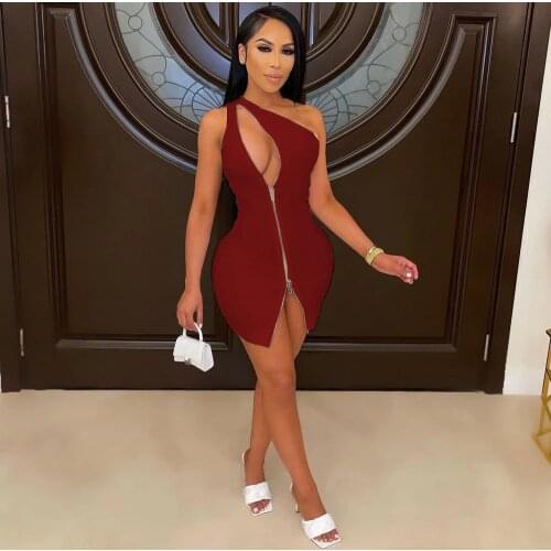 One Shoulder Sleeveless Sexy Bandage Dress for Women Hollow Out Zipper Front Pencil Dress Elegant Female Birthday Party Dress