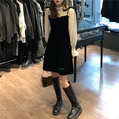 Womens Dresses Japanese Harajuku Vintage Ladies Ulzzang Ins Velvet Dress Female Korean Kawaii Cute Clothing For Women