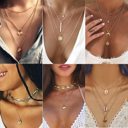 Bohemia Shell Pendant Necklace For Women 2020 Vintage Multilayer Choker Golden Chain Necklaces Statement Jewlery New Collares